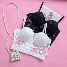 Mesh Camisole Top Female 3D Butterfly Decoration Perspective Fishbone Shapewear Underwear Sexy Gathering Bra Y911 220318