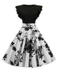 Black White Patchwork Floral Print Summer Dress Women Petal Sleeve Dot Vintage Robe Casual Rockabilly Party Vestidos