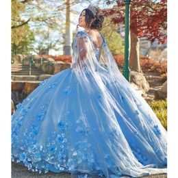 Sky Blue Off Shoulder Quinceanera Dress With Cape Princess Beaded 3D Flowers lace-up corset Pageant Birthday prom Party Sweet 16 15 gown