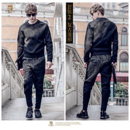 Fanzhuan casual male Men s autumn winter social t shirt pants suit two piece set Hong Kong style 711113 LJ201125