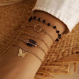 Bohemian Gold Butterfly Pendant Charm Bracelets Set For Women Black Bead Shell Circle Chains Jewellery Party Gift Link Chain