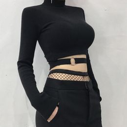 Women Slim Short T shirt Sexy Tight Turtleneck Long Sleeve Goth Crop Top Solid Black Club Autumn Spring Streetwear Harajuku 220714