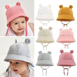 Baby Soft Cotton Bucket Hat Cute Ears Newborn Infant Summer Sun Hats Solid Colour Outdoor Toddler Boys Girls Beach Cap