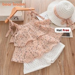 Bear Leader Girls Clothing Sets Summer Kids Clothes Floral Chiffon Halter+Embroidered Shorts Straw Children Clothing 220425