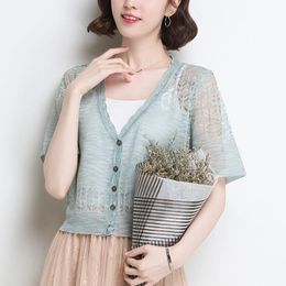 Women's Knits & Tees Retro Women Knitted Cropped Sweater Tops Summer V Neck Short Sleeve Casual Lace Korean Knitwear Cardigan Thin Hollow Ou