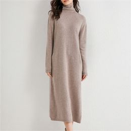 Women Dress Longer 100% Cashmere and Wool Knitted Jumpers New Fashion Winter Turtleneck Dresses Female Midcalf Pullovers 201110
