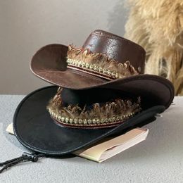 Autumn Winter Fashion Men Western Cowboy Hat Faux Leather Dad Gentleman Jazz Caps Vintage Panama Cowgirl Hat Sombrero Hombre