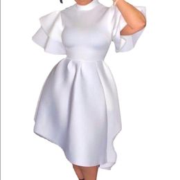 Mulheres Vestido de Verão 4xl 5xl Petal Manga Turtleneck Silm Bodycon Tunics Irregilar Ruffle Branco Festa de Prom