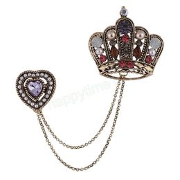 Retro Pearl Rhinestone Crown Brooch Fashion Heart-shaped Tassel Chain Lapel Pins and Brooches for Women Jewellery Accessories