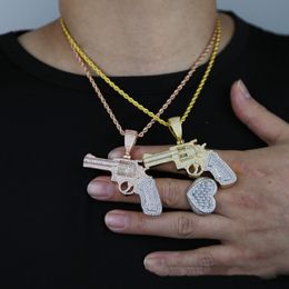 New Fashhion Yellow White Gold Plated Bling CZ Gun Pendant Necklace for Men Women with 24inch Rope Chain Hot Gift