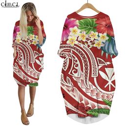 Women Dress Hawaii Polynesian 3D Pattern Plumeria Loose Daughter Skirt Fashion Long Sleeve Pocket Female Casual Dresses W220616