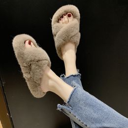 Cozy Furry Slides Winter Women House Fuzzy Slippers Faux Fur Fashion Warm Home Shoes Woman Slip on Flats Female Y200106