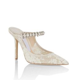 White Lace Baily Pearls Embellished Strappy Sandals Shoes For Women's Wedding Dress Lady Elgant Pointed Toe High Heels EU35-43.BOX