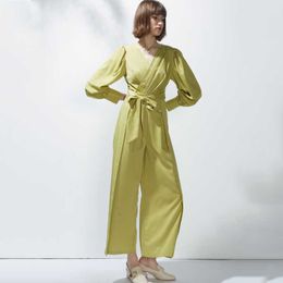 Women's Jumpsuits & Rompers Est Autumn Fashion Women V Neck Yellow And Green High Waist Long Sleeves JumpsuitsWomen's