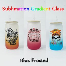 Sublimation New 16oz Gradient Color Creative Sequins Glass Can shape Bottle with Lid and Straw Summer Drinkware Mason Jar Juice Cup by express