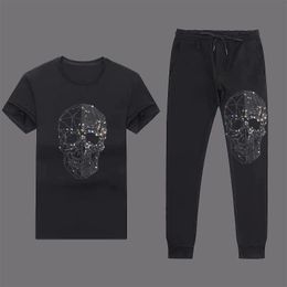 Men's Tracksuits Exclusive Men's Summer Spring Drilling Skull T-Shirt Trousers 2-Piece Set Light Outdoor Leisure DesignMen's