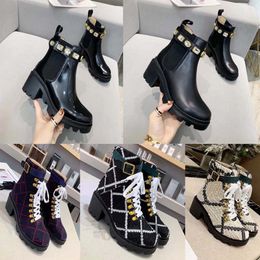 Top designer outono e inverno duplo laço de couro feminino strass tornozelo botas curtas botas de areia salto grosso elevado botas martin botas de neve