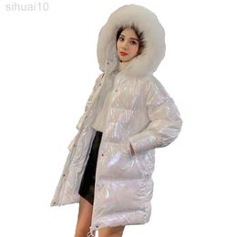 Coat Bling Wet Look Winter Women Cotton Fluffy Hooded Long Sleeve Thicken Warm Female Loose Casual Overcoat Trendy Outwear L220730