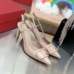 2023 the New Heels Summer Pumps One-button Shallow Heel Sandals for Women with Pointy Leather Patent Nude High Heels