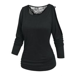 Women's T-Shirt Solid Black Ladies Top Cold Shoulder Flower Lace Insert Faux Twinset Women Causal 2 In 1 Tee Streetwear 3XLWomen's