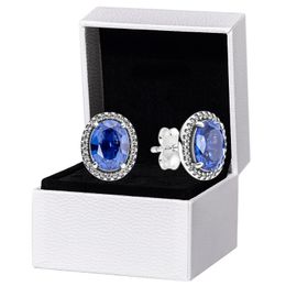 Pretty Women Blue Statement Halo Stud Earrings Authentic 925 Sterling Silver Original box for Pandora Wedding Jewellery Earring set