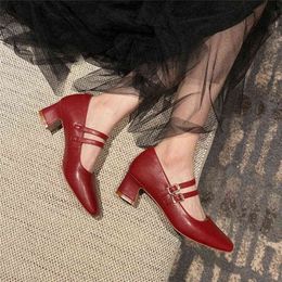 Dress Shoes Nude Square Toe Strappy Heels High Ladies Retro Buckle Strap Mary Jane Women Fashion Sexy Comfort Pumps 2022 4 5cm 220518