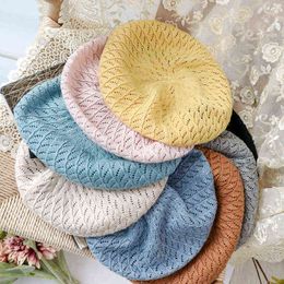 Summer Beret Hats For Women Flat Cap Knit Hollow Beret Hats Lady Girl Berets Hat Bone Female French Painter Hat Sun Cap Gorra J220722