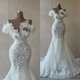 2022 Lace Mermaid Wedding Dresses Sweep Train Bridal Gown One Shoulder Handmade Flowers Beaded Plus Size Sleeveless Custom Made Vestido De Novia