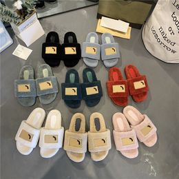 woman slippers indoor one word drag cashmere flats beige slipper rubber soles fluffy furry embroidered slides with box shoe size 3542