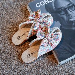 Children Slippers Kids Summer for Girls Soft Floral Cloth Princess Sweet Indoor Outdoor Pearls Bow knot 220618