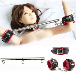 Stainless Steel Spreader Bar with PU Leather Padded Slave Wrist Handcuffs Neck Collar Set BDSM Bondage Fetish Adult sexy Toys