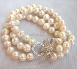 Bangle 3rows Freshwater Pearl White Round 8-9mm Nature Bracelet 8inch Butterfly Wholesale Bead Gift FPPJBangle