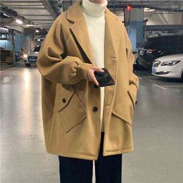 Men's Wool & Blends Winter Mid-length Woolen Coat Fashion Casual Oversized Men Korean Loose Jacket Mens Overcoat T220810