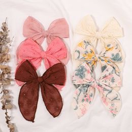 New 4.7" Floral Printed Fable Bow Hair Clips Baby Lace Embroidery Hair Bow Hairpins Girls Kids bow Barrettes Children