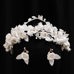 Hair Clips & Barrettes Korean Bride White Rose Bud Hairband Tiara Ear Clip Set Wedding AccessoriesHair