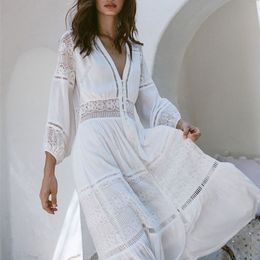 Elegant Women Tunic Summer Fashion Long Beach Dress Sexy Patchwork Short Sleeve Front Open White Robe Dress pareos Q561 220510