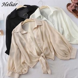 HELIAR Chiffon Shirts Women Half Sleeve Button Up Chiffon Blouses Female Elegant Casual Solid OL Shirts For Women Autumn 210326