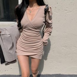 Casual Dresses Autumn Winter Korean Style Women Tight Sexy V-Neck Folds Buttocks Dress 2023 Female Slim Was Thin Long Sleeve Vestidos