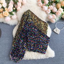 Fall Product Oblique Collar T-shirt Strapless Unilateral Puff Sleeve Slim Fit Short Sequined Top CX220330
