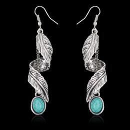Hoop & Huggie Bohemian Silver Feather Turquoises Stone Spiral Hook Earrings For Women Vintage Coconut Palm Leaf Drop Fashion JewelryHoop