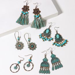 Classic Women's Turquoises Earrings Vintage Tribal Tibetan Flower Bronze Dangle Earrings Bollywood Kundan Femme