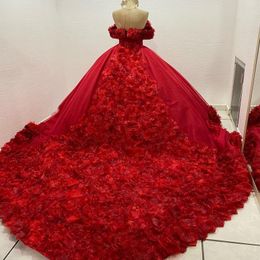 Red 3D Flowers Quinceanera Dresses Ball Gown Formal Prom Graduation Gowns Flower Straps Beaded Sweetheart 15 16 Dress vestidos