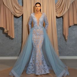 Blue Unique Baby Prom Dresses Lace Appliques Beaded Detachable Train Evening Dress Custom Made Sheer Neck Jewel Long Sleeves Party Gown