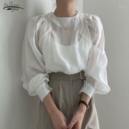 Women's Blouses & Shirts Autumn 2022 Long Sleeve Loose Shirt Women Tops French Simple Round Collar Clothes Cotton Blouse Blusas 16188