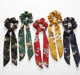 Vintage Flower Hair Scrunchies Bow Women Accessories Bands Ties Scrunchie Ponytail Holder Rubber Rope Ribbon Kids Big Long