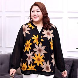 Women's Plus Size T-Shirt Women Chiffon Blouse 8XL Autumn Obesity Loose Female Long-sleeve Printed Shirt Cover Belly Mid-length TopsWomen's