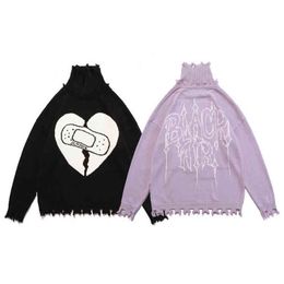 Women Harajuku Turtleneck Sweater Hole Vintage Heart Heart Pullover casual Sweeters de malha de malha casal de streetwear inverno unissex t220730