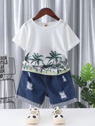 Toddler Girls Zebra & Palm Tree Print Tee & Denim Shorts SHE