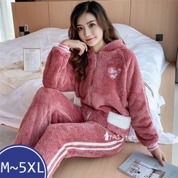 4XL 5xl big Size Pajamas Winter Hoodies Flannel for laides Fat Velvet Set Nightgrown Sweatshirt Warm Kawaii Home Clothes 220329