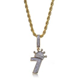 Pendant Necklaces Crown Number 7 & Necklace 18k Gold Plated Lab Diamond Iced Out Chain Bling Fashion Hip Hop JewelryPendant